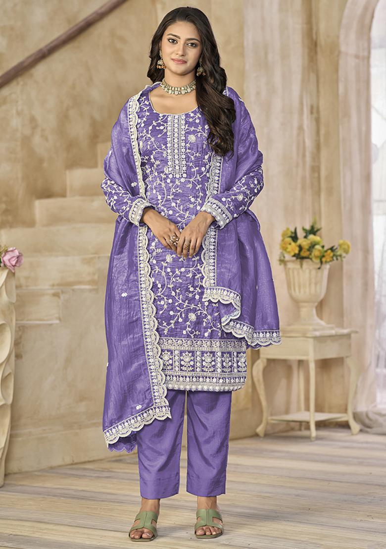 Purple Embroidered Organza Salwar Kameez With Dupatta - Indya