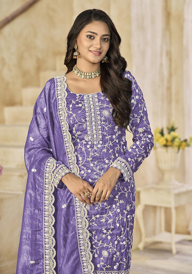 Purple Embroidered Organza Salwar Kameez With Dupatta - Indya