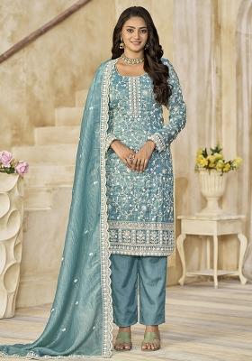Blue Embroidered Organza Salwar Kameez With Dupatta