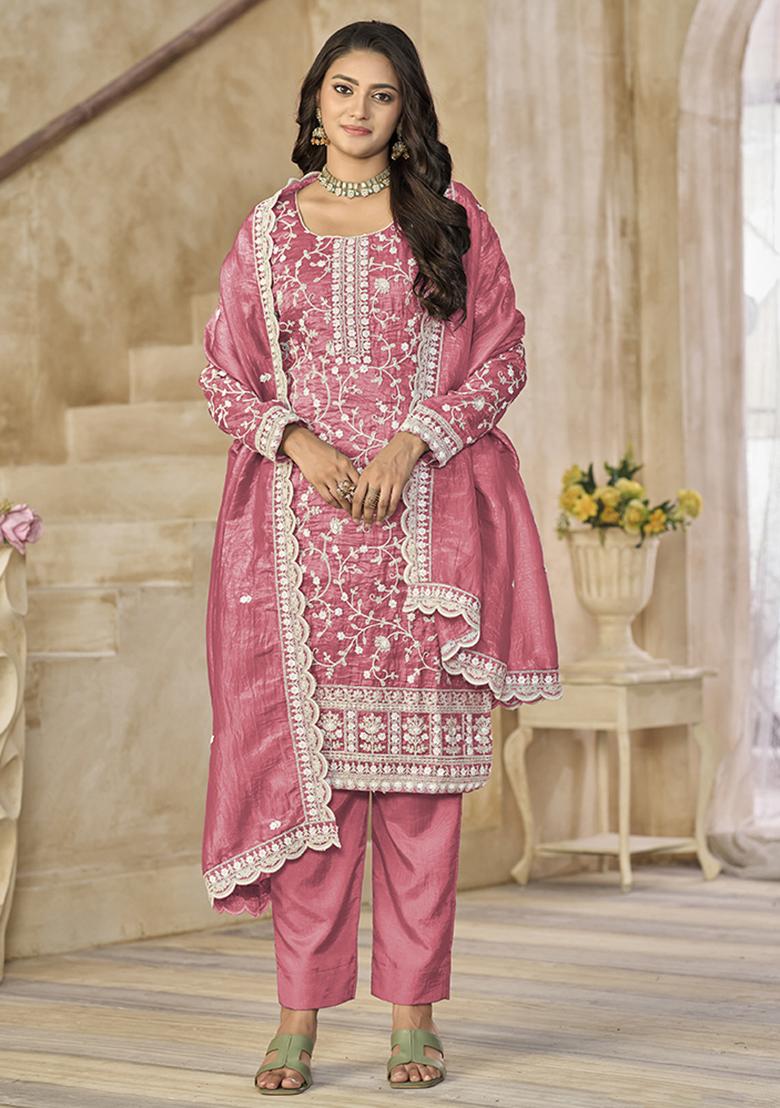 Pink Embroidered Organza Salwar Kameez With Dupatta - Indya