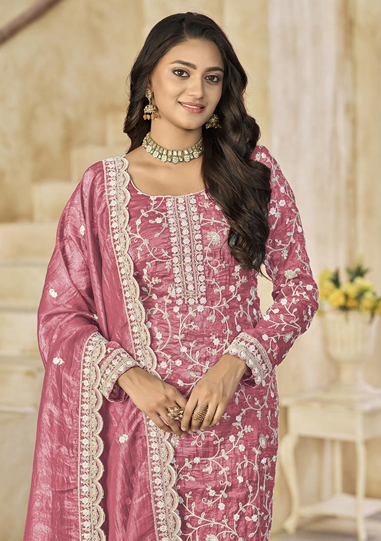 Pink Embroidered Organza Salwar Kameez With Dupatta - Indya