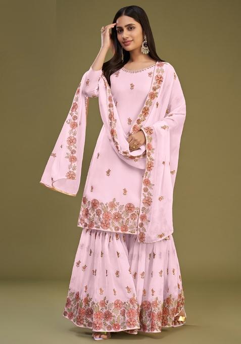 Pink Embroidered Georgette Sharara Set