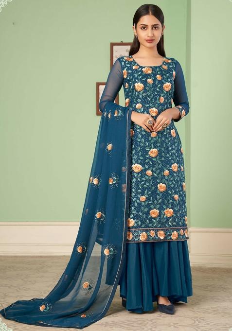Blue Embroidered Georgette Sharara Set