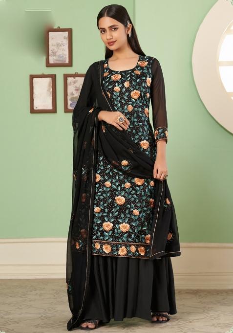 Black Embroidered Georgette Sharara Set