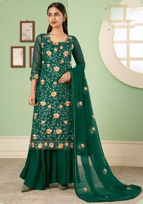 Green Embroidered Georgette Sharara Set