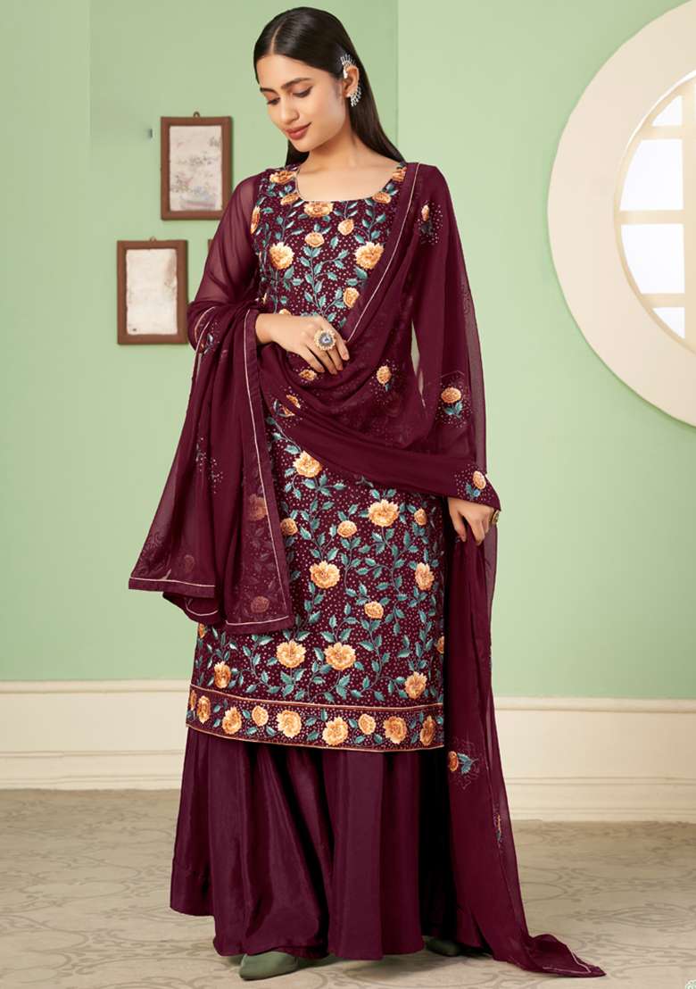 Maroon Embroidered Georgette Sharara Set - Indya