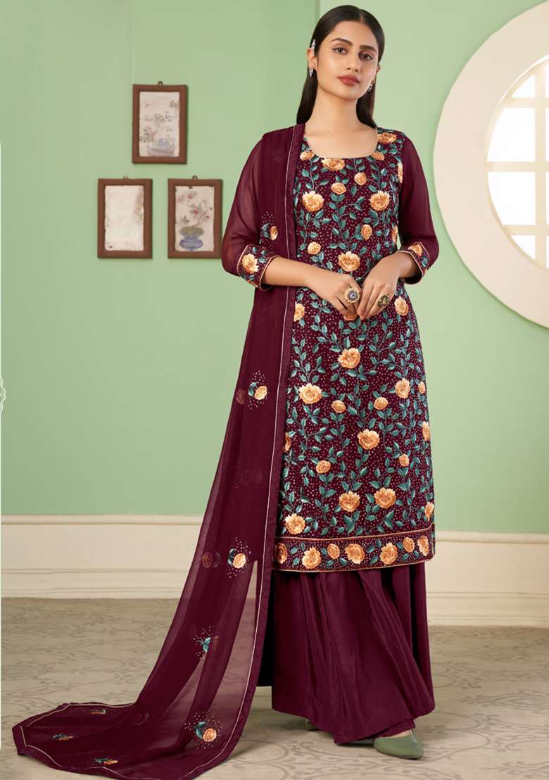 Maroon Embroidered Georgette Sharara Set - Indya