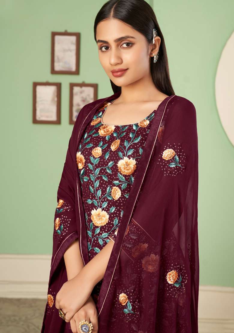 Maroon Embroidered Georgette Sharara Set - Indya