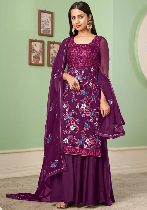 Purple Embroidered Georgette Sharara Set