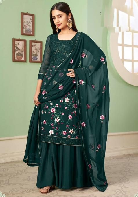 Green Embroidered Georgette Salwar Kameez With Dupatta