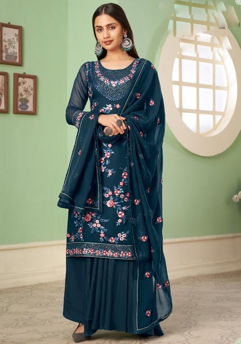 Blue Embroidered Georgette Sharara Set