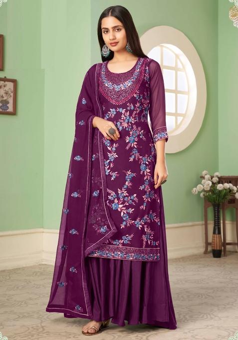 Purple Embroidered Georgette Sharara Set