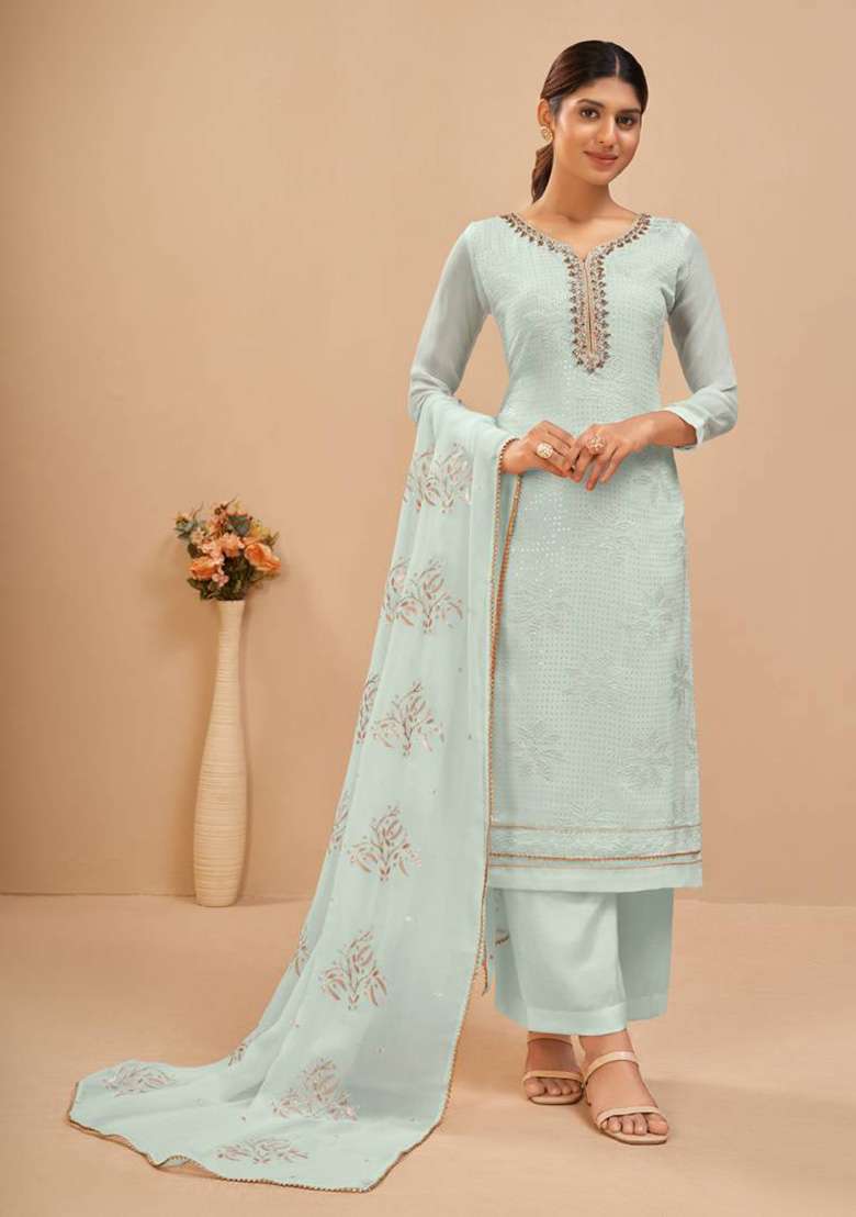 Blue Embroidered Georgette Straight Kurta Set - Indya