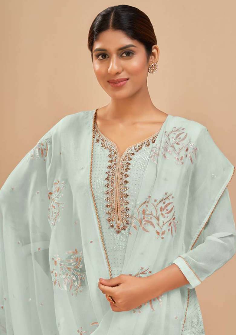 Blue Embroidered Georgette Straight Kurta Set - Indya