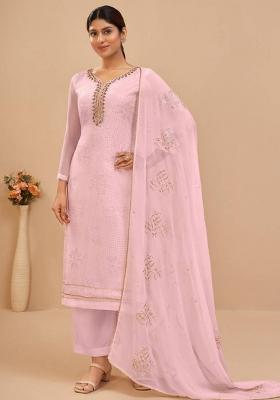 Pink Embroidered Georgette Straight Kurta Set