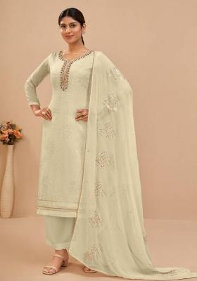 White Embroidered Georgette Straight Kurta Set