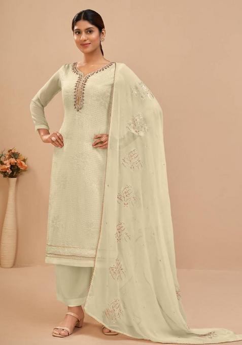White Embroidered Georgette Salwar Kameez With Dupatta
