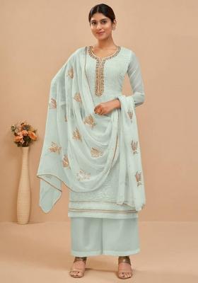 Blue Embroidered Georgette Straight Kurta Set