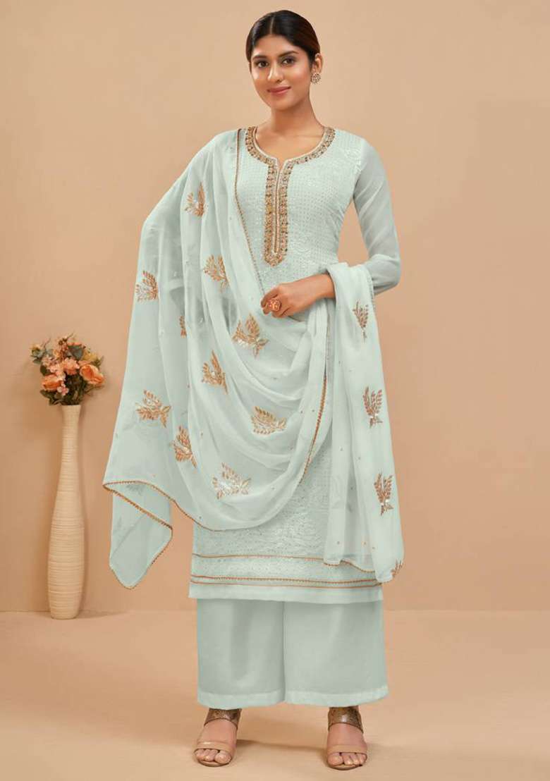 Blue Embroidered Georgette Straight Kurta Set - Indya