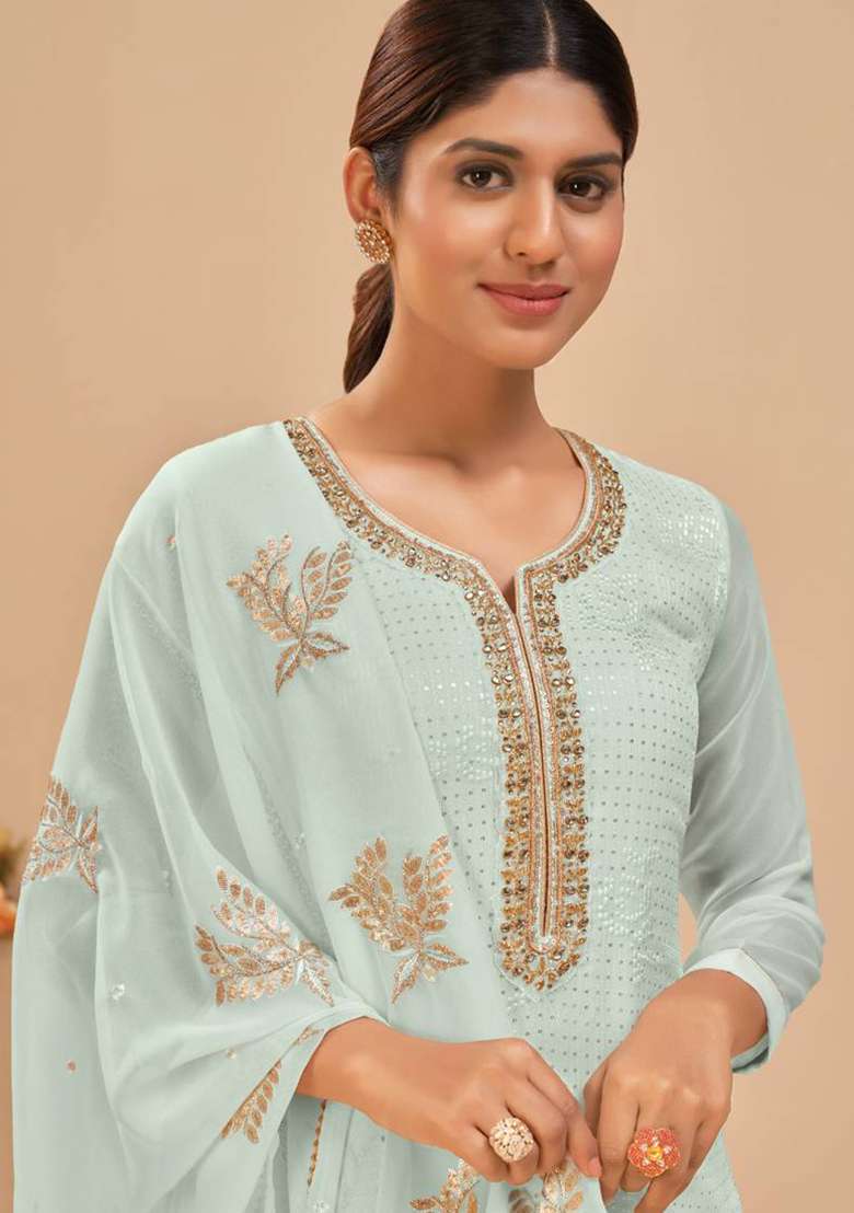 Blue Embroidered Georgette Straight Kurta Set - Indya