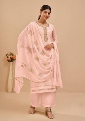 Pink Embroidered Georgette Straight Kurta Set