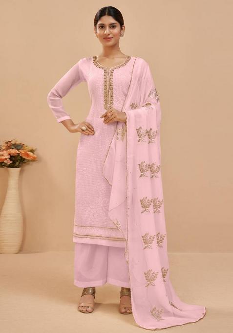 Pink Embroidered Georgette Straight Kurta Set
