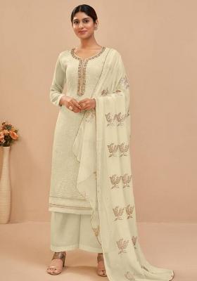 White Embroidered Georgette Straight Kurta Set