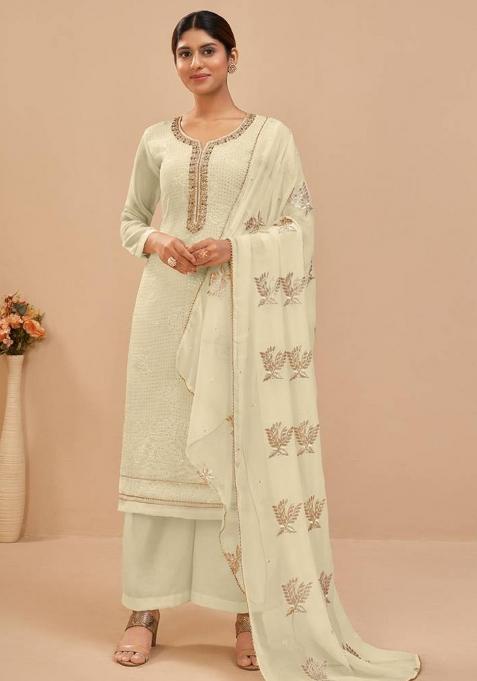 White Embroidered Georgette Salwar Kameez With Dupatta