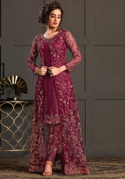Wine Embroidered Net Salwar Kameez With Dupatta