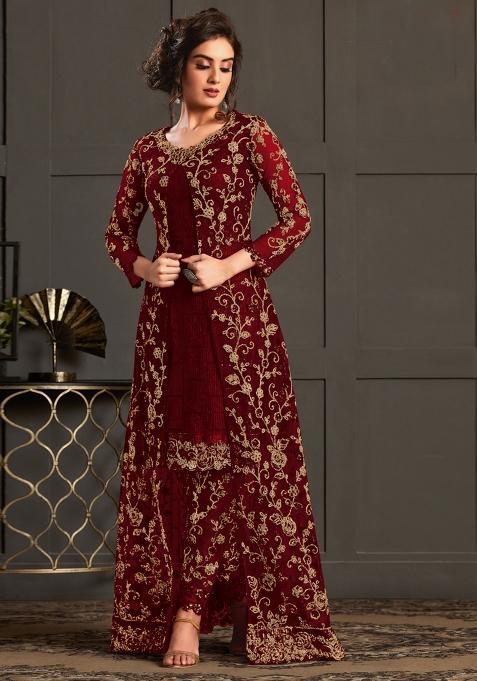 Maroon Embroidered Net Salwar Kameez With Dupatta