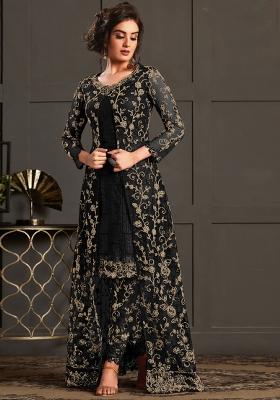 Black Embroidered Net Salwar Kameez With Dupatta
