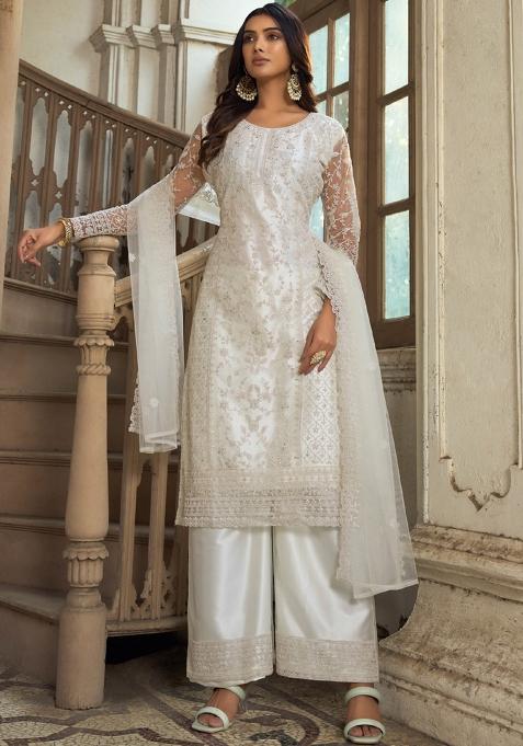 White Embroidered Net Kurta With Dupatta
