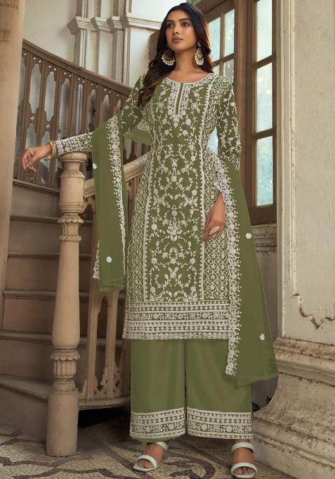 Olive Embroidered Net Kurta With Dupatta