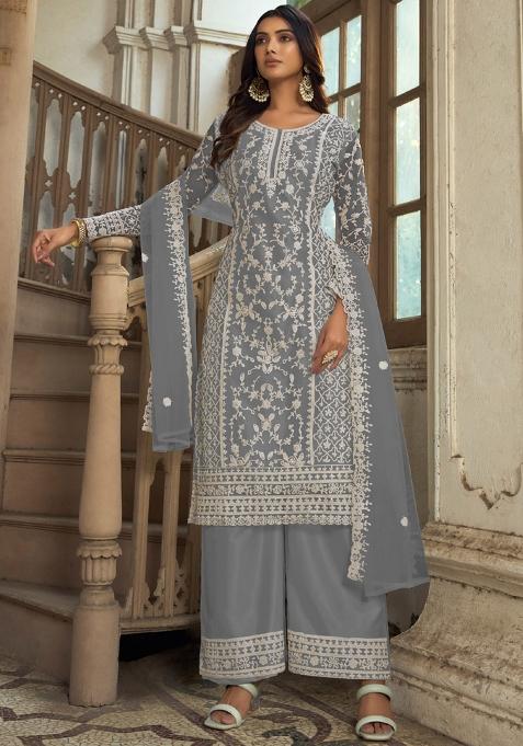 Grey Embroidered Net Kurta With Dupatta