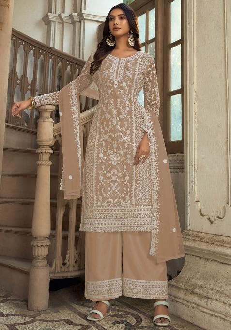 Beige Embroidered Net Kurta With Dupatta