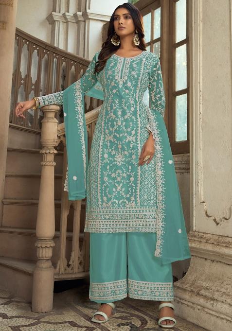 Blue Embroidered Net Straight Kurta Set