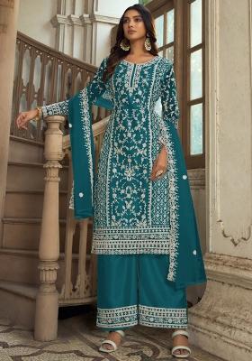 Blue Embroidered Net Straight Kurta Set