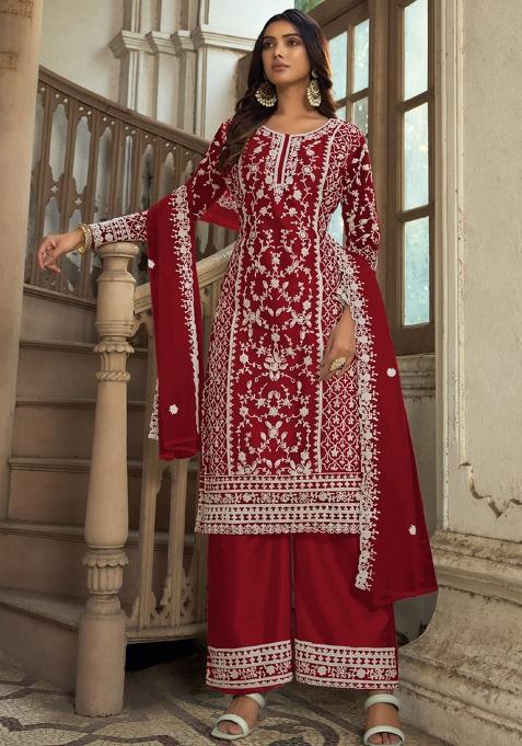 Maroon Embroidered Net Kurta With Dupatta