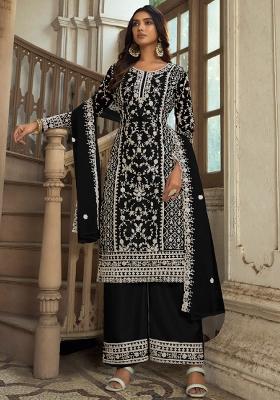 Black Embroidered Net Kurta With Dupatta