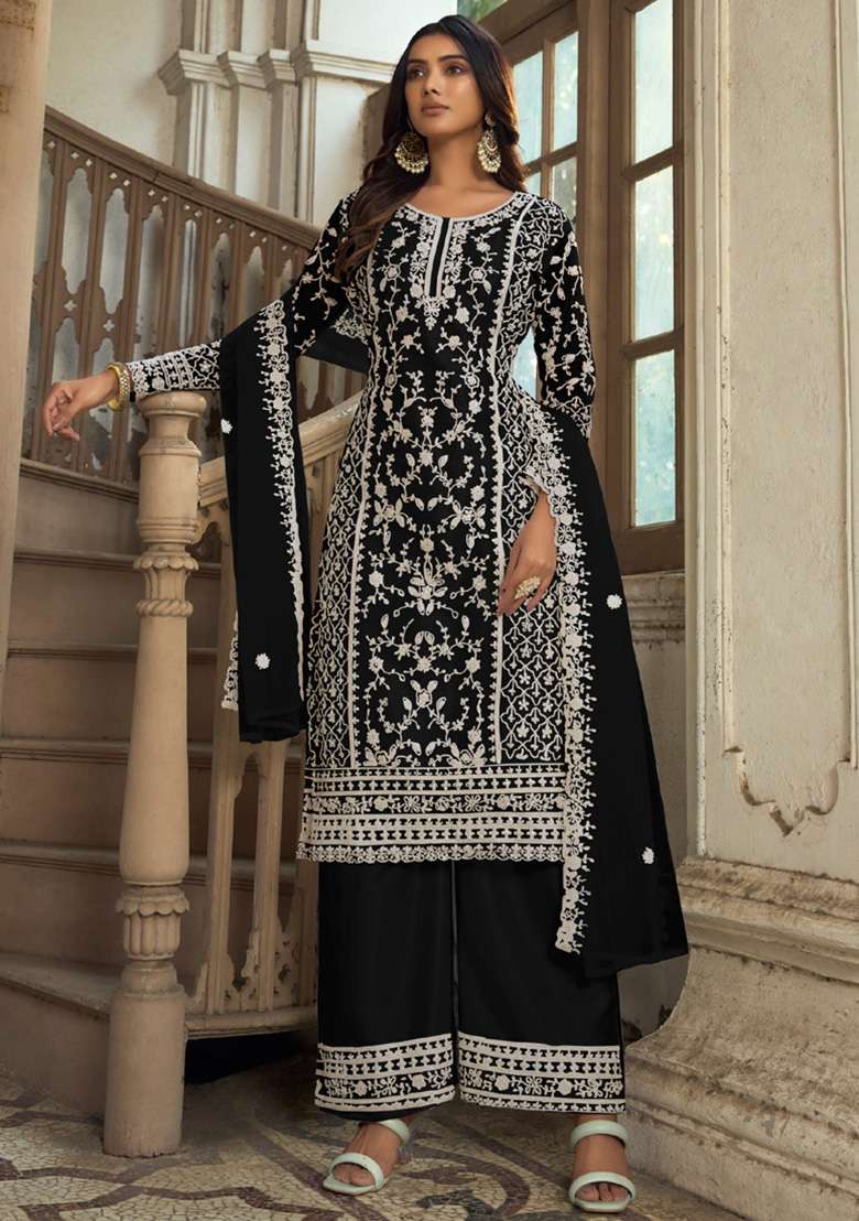 Black Embroidered Net Kurta With Dupatta - Indya