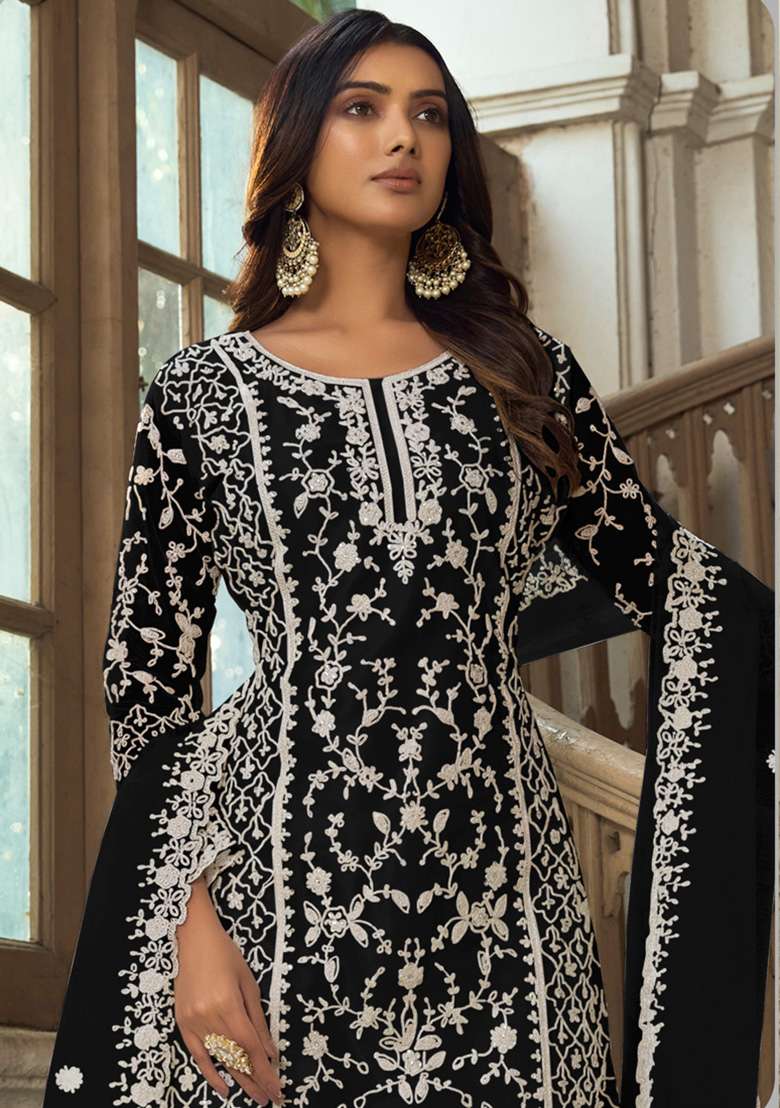 Black Embroidered Net Kurta With Dupatta - Indya
