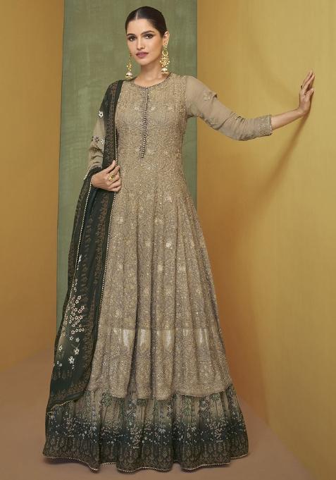 Beige Embroidered Georgette Salwar Kameez With Dupatta