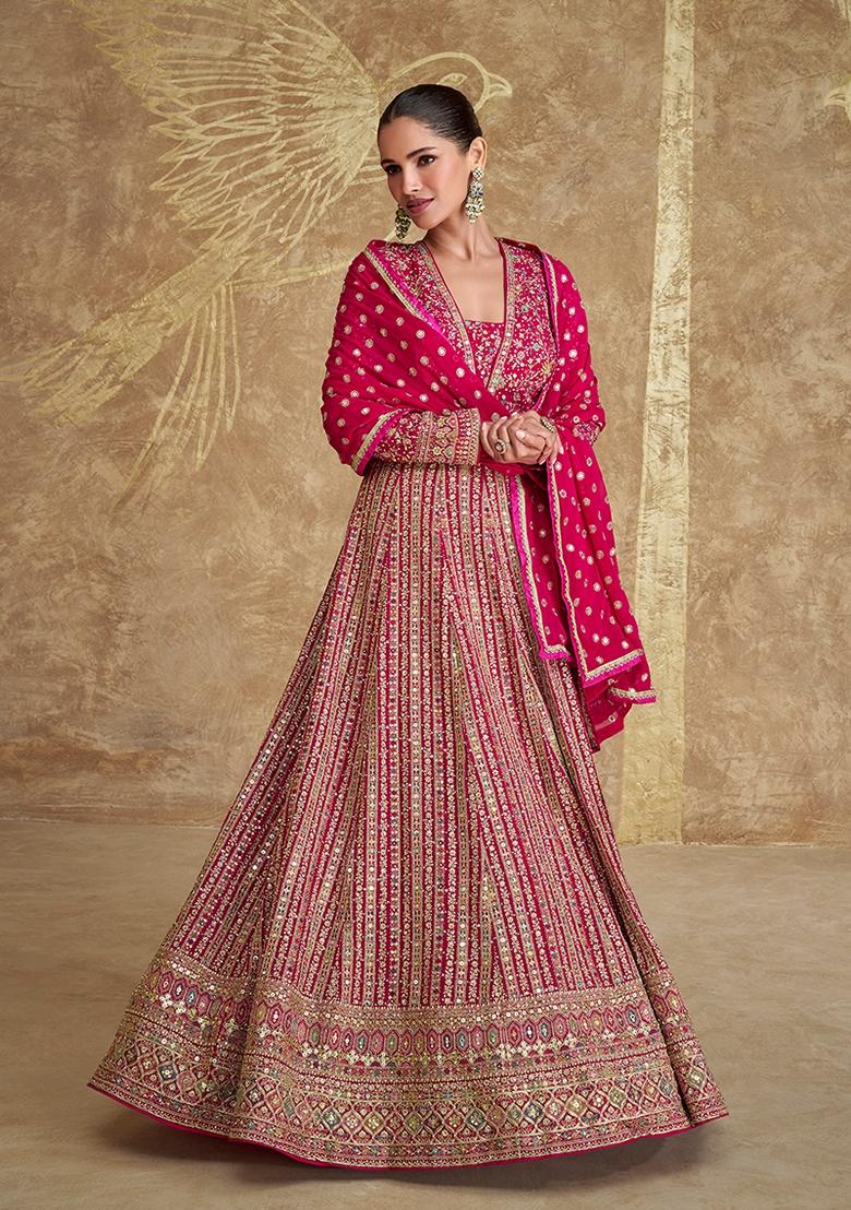 Pink Embroidered Georgette Salwar Kameez With Dupatta - Indya