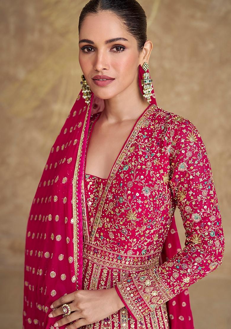 Pink Embroidered Georgette Salwar Kameez With Dupatta - Indya