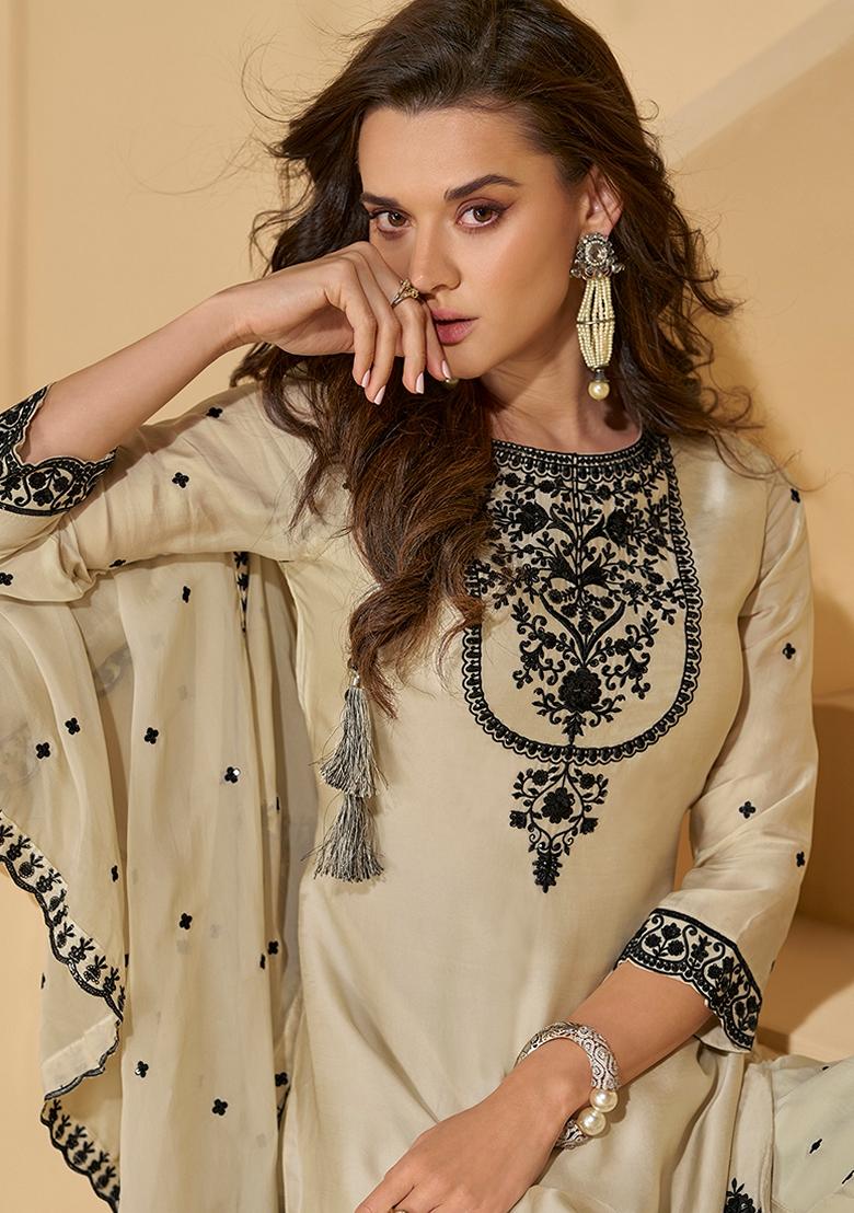 Beige Embroidered Silk Palazzo Set With Dupatta - Indya