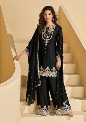 Black Embroidered Silk Palazzo Set With Dupatta