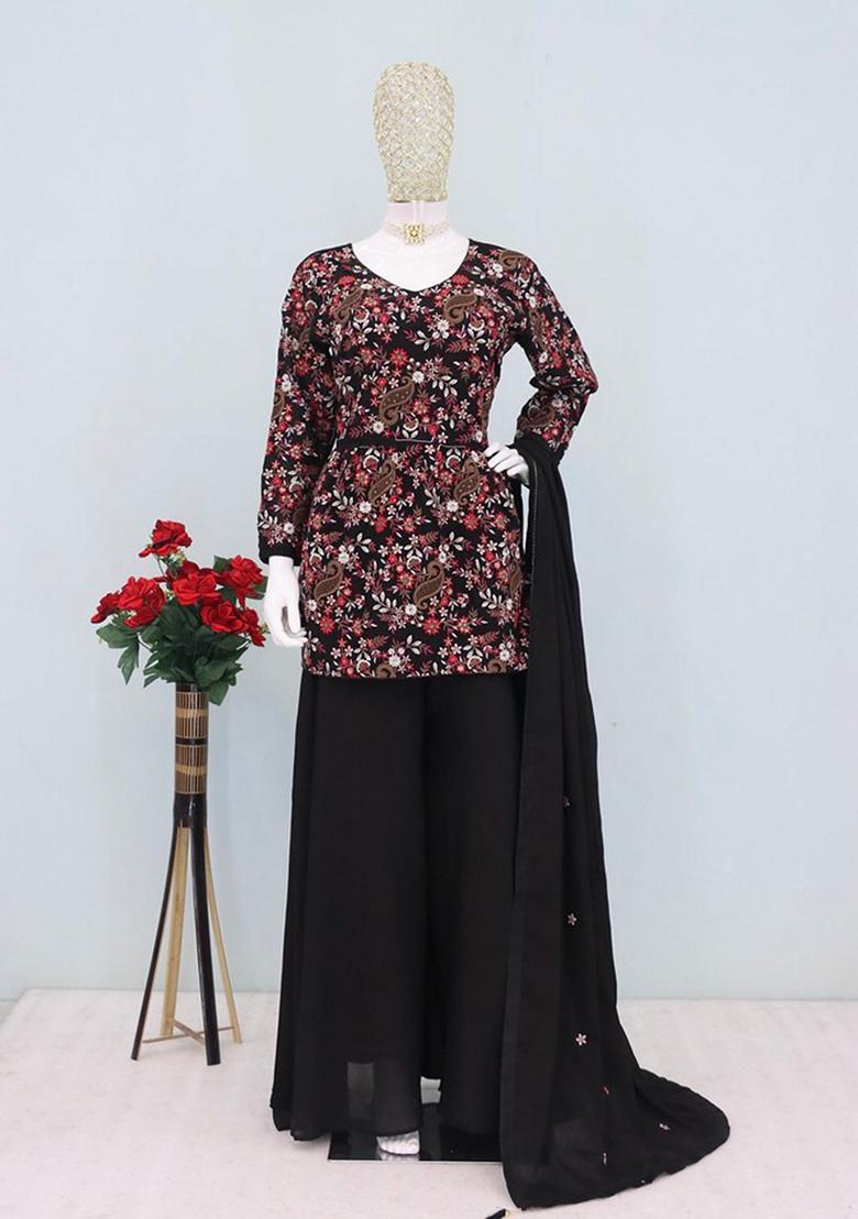 Black Embroidered Silk Palazzo Set With Dupatta - Indya