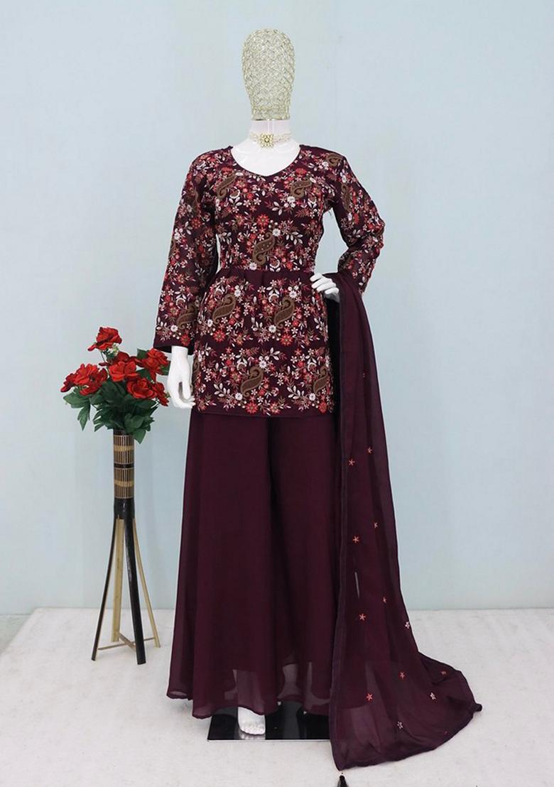 Purple Embroidered Silk Palazzo Set With Dupatta - Indya