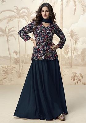 Blue Embroidered Silk Palazzo Set With Dupatta