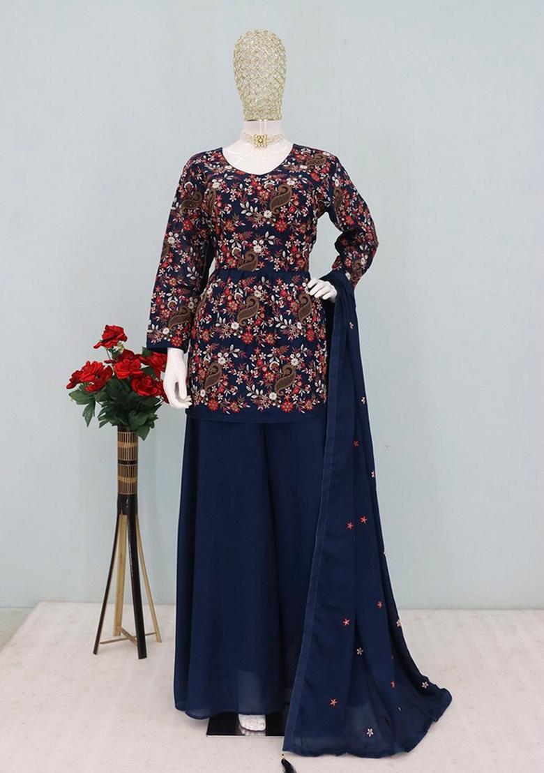 Blue Embroidered Silk Palazzo Set With Dupatta - Indya